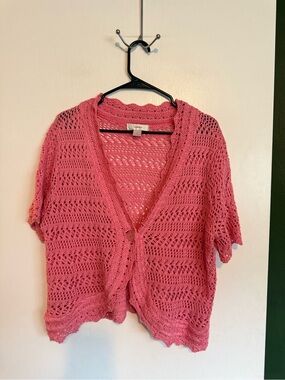 Cj banks pink open knit short sleeve cardigan sweater size 1X